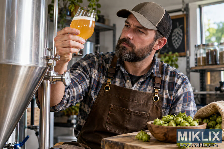 Homebrewer in a plaid shirt and brown apron holds a glass of hazy golden beer up to the light beside a stainless-steel fermenter, with fresh green hop cones in a wooden bowl and burlap sack on the workbench. Homebrewer in a plaid shirt and brown apron holds a glass of hazy golden beer up to the light beside a stainless-steel fermenter, with fresh green hop cones in a wooden bowl and burlap sack on the workbench.