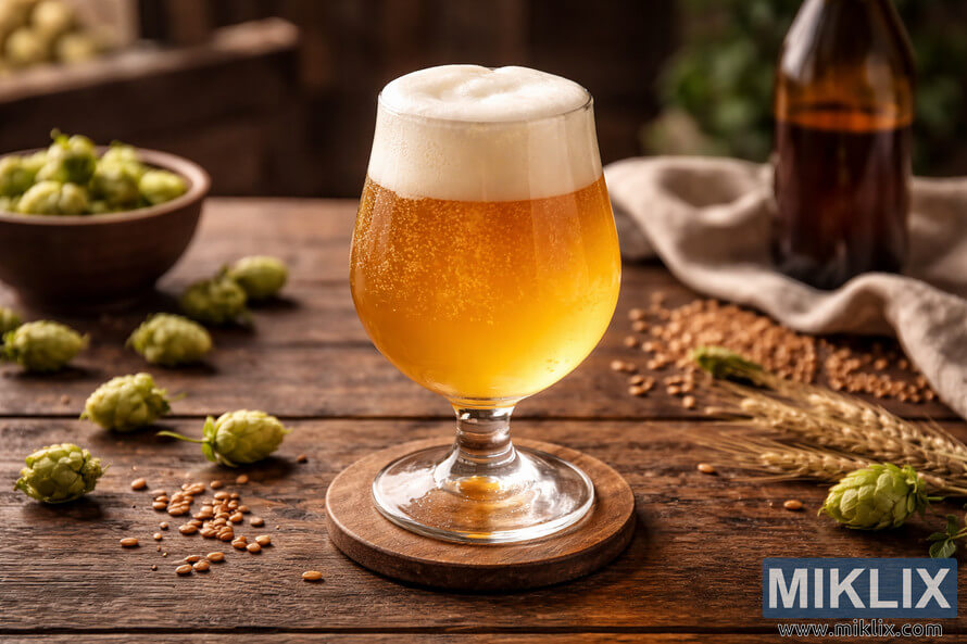Glass of Belgian Saison with frothy head on a rustic wooden table surrounded by hops, barley, and a beer bottle. Glass of Belgian Saison with frothy head on a rustic wooden table surrounded by hops, barley, and a beer bottle.