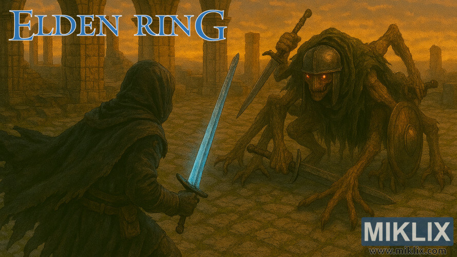 Fan art of the Tarnished facing the Grafted Scion in the ruined Chapel of Anticipation from Elden Ring, with swords drawn amid a golden, desolate landscape. Fan art of the Tarnished facing the Grafted Scion in the ruined Chapel of Anticipation from Elden Ring, with swords drawn amid a golden, desolate landscape.