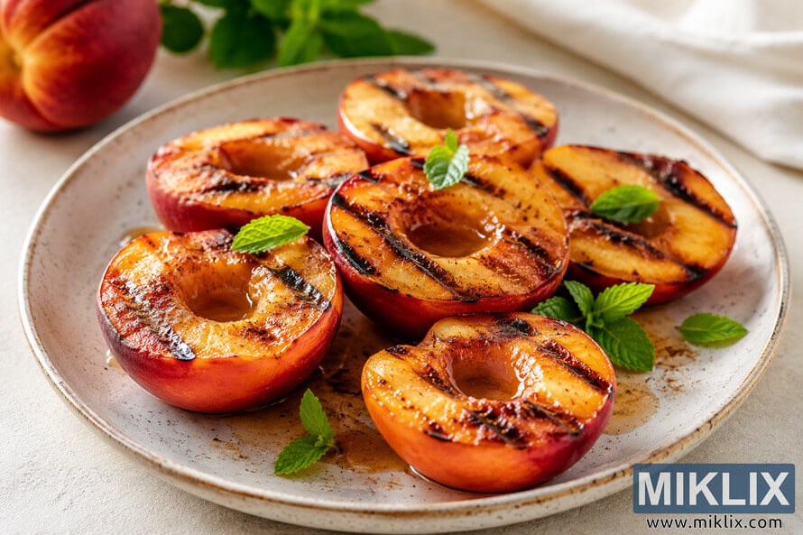 Close-up landscape photo of caramelized grilled nectarines arranged on a rustic ceramic plate with fresh mint leaves and glossy fruit juices, styled as a healthy summer dessert in soft natural light. Close-up landscape photo of caramelized grilled nectarines arranged on a rustic ceramic plate with fresh mint leaves and glossy fruit juices, styled as a healthy summer dessert in soft natural light.