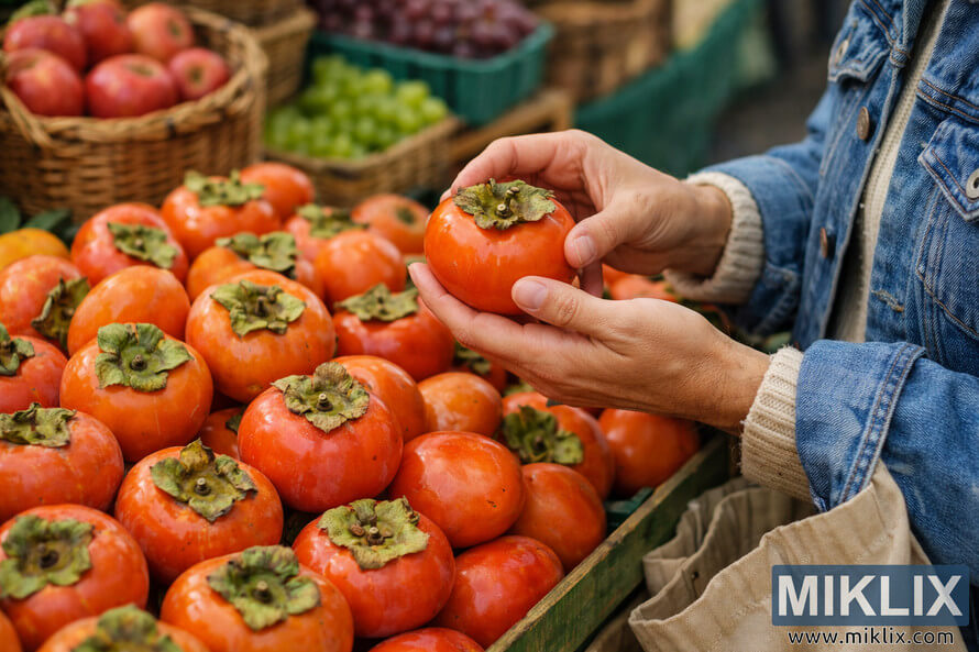 Person selecting ripe persimmons at an outdoor farmers market, surrounded by vibrant orange fruit in wooden crates.