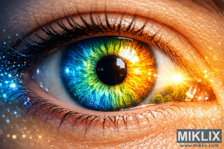 A close-up macro photograph of a healthy human eye with a multicolored iris symbolizing vision health and prevention of age-related macular degeneration. A close-up macro photograph of a healthy human eye with a multicolored iris symbolizing vision health and prevention of age-related macular degeneration.