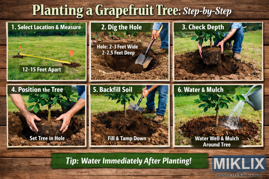 Geïllustreerde stap-vir-stap collage wat wys hoe om 'n pomeloboom te plant, insluitend spasiëring, die grawe van die gat, die instelling van die regte diepte, die opvul van grond en die natmaak met deklaag. Geïllustreerde stap-vir-stap collage wat wys hoe om 'n pomeloboom te plant, insluitend spasiëring, die grawe van die gat, die instelling van die regte diepte, die opvul van grond en die natmaak met deklaag.