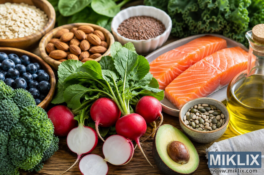 A high-resolution landscape photo showing a colorful assortment of heart-healthy foods on a rustic wooden table, featuring fresh red radishes with leafy tops alongside salmon, broccoli, kale, spinach, blueberries, oats, almonds, flaxseeds, mixed seeds, avocado, and olive oil arranged in natural light.