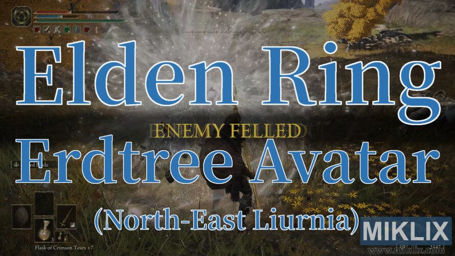 Elden Ring Erdtree Avatar defeated near a Minor Erdtree in North-East Liurnia. Elden Ring Erdtree Avatar defeated near a Minor Erdtree in North-East Liurnia.