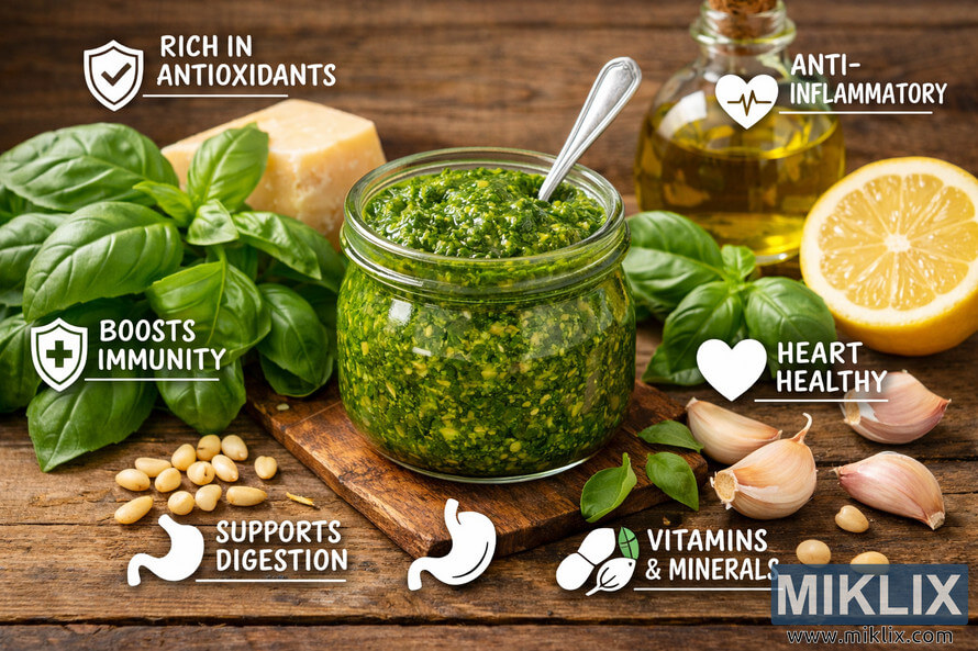 A close-up of a glass jar filled with vibrant green basil pesto on a rustic wooden table, surrounded by fresh basil leaves, pine nuts, Parmesan cheese, olive oil, lemon, and garlic cloves, with labeled icons highlighting antioxidant, anti-inflammatory, immunity, digestion, heart health, and vitamin benefits.