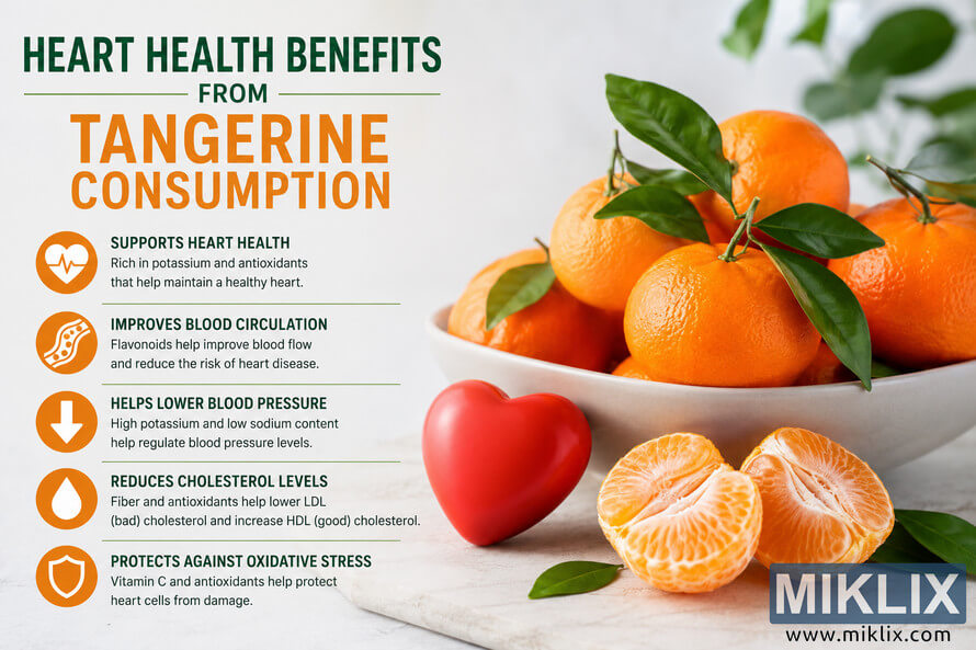 A landscape infographic illustrating the heart health benefits of tangerine consumption. The left side contains a large headline and five illustrated benefit sections with icons describing cardiovascular support, improved circulation, healthy blood pressure, cholesterol management, and protection against oxidative stress. A landscape infographic illustrating the heart health benefits of tangerine consumption. The left side contains a large headline and five illustrated benefit sections with icons describing cardiovascular support, improved circulation, healthy blood pressure, cholesterol management, and protection against oxidative stress.