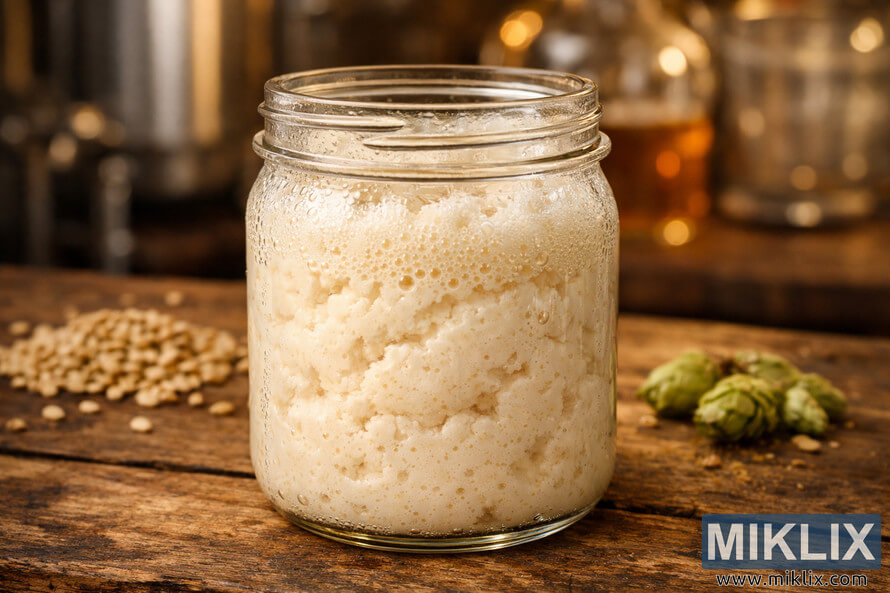 Close-up of German ale yeast in a glass jar on a wooden table with grains and hops, warm brewing equipment blurred in the background. Close-up of German ale yeast in a glass jar on a wooden table with grains and hops, warm brewing equipment blurred in the background.
