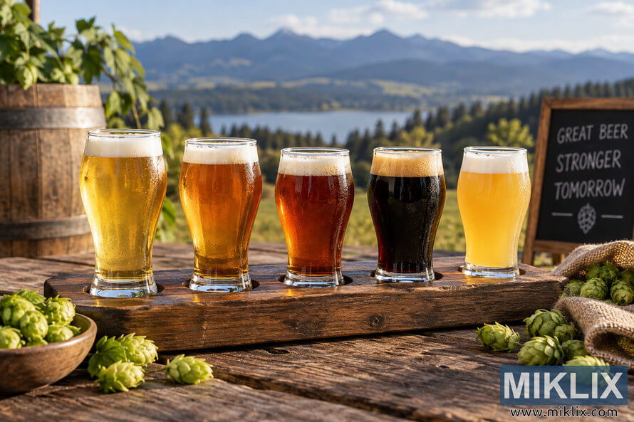 Five different beer styles in tasting glasses on a rustic wooden flight, surrounded by fresh green hops on an outdoor table with a lake and mountains in the background. Five different beer styles in tasting glasses on a rustic wooden flight, surrounded by fresh green hops on an outdoor table with a lake and mountains in the background.