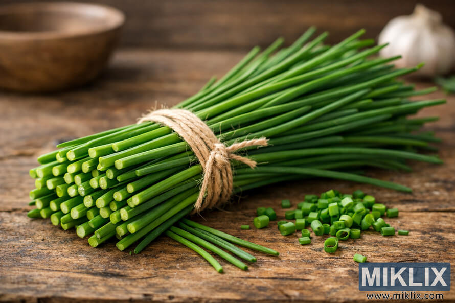 A vibrant bunch of fresh green chives tied with twine on a rustic wooden surface, surrounded by chopped chive rings and blurred kitchen elements in the background. A vibrant bunch of fresh green chives tied with twine on a rustic wooden surface, surrounded by chopped chive rings and blurred kitchen elements in the background.