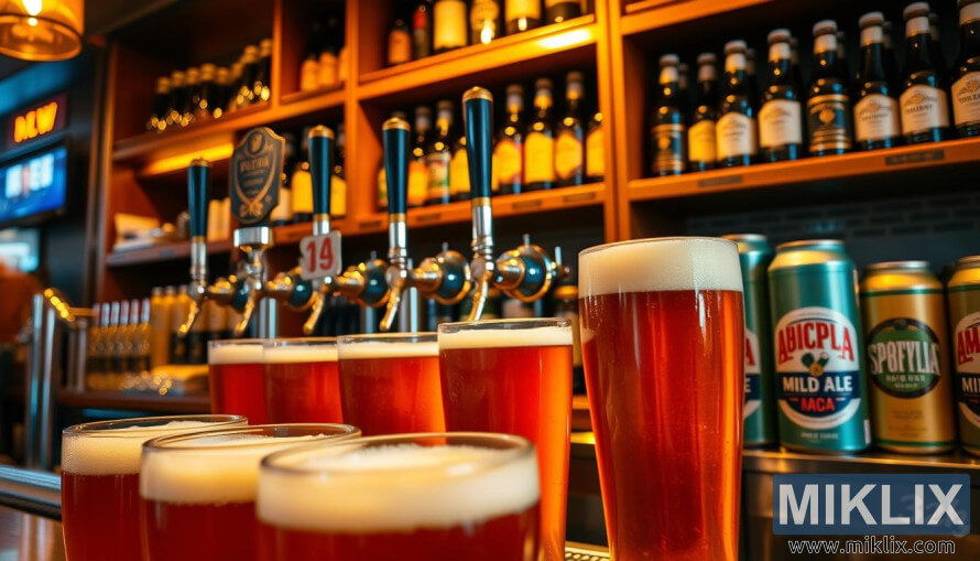 Kozarci jantarnega blagega piva s penastimi glavami na Å¡anku, pipe in police s steklenicami v ozadju.