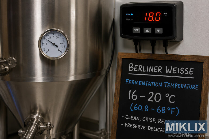 Close-up landscape image of a stainless steel beer fermenter beside a digital temperature controller displaying 18°C and a chalkboard showing the recommended 16–20°C fermentation range for Berliner Weisse beer, with no visible commercial branding. Close-up landscape image of a stainless steel beer fermenter beside a digital temperature controller displaying 18°C and a chalkboard showing the recommended 16–20°C fermentation range for Berliner Weisse beer, with no visible commercial branding.