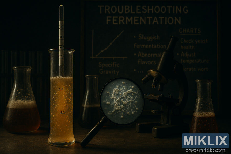 Wurin dakin gwaje-gwaje yana nuna tsayawar fermentation tare da damuwa yisti da ruwa mai kumfa.