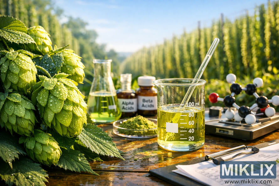 Lush green NadwiÅlaÅska hop cones with morning dew in the foreground, a laboratory analyzing hop acids in the middle ground, and sunlit hop fields under a blue sky in the background.