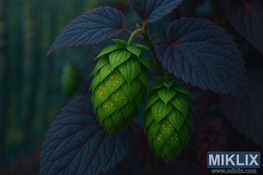 Close-up of Blue Northern Brewer hops with green cones and reddish-blue leaves against a blurred hop field background.