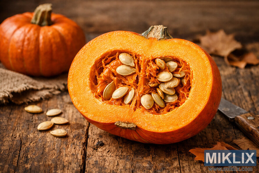A halved orange pumpkin showing seeds and flesh placed on a rustic wooden table with warm natural lighting.