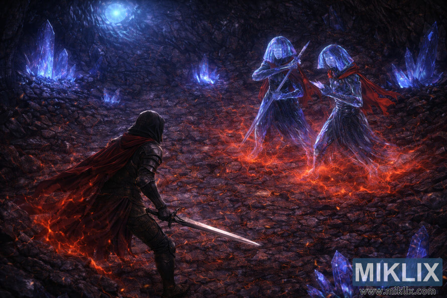 Isometric dark fantasy artwork showing the Tarnished in Black Knife armor wielding a sword while facing two Crystalian bosses inside Elden Ringâs Academy Crystal Cave.