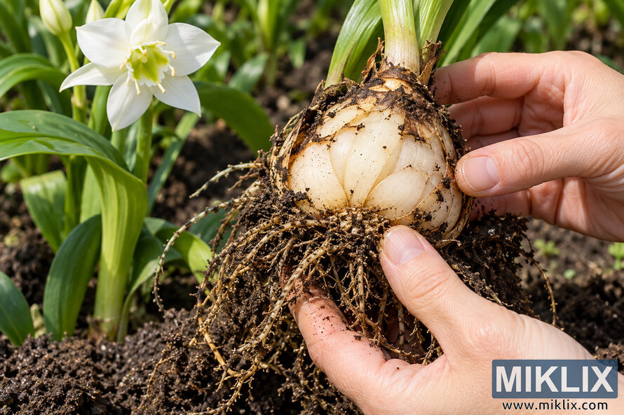 Close-up of hands examining a freshly dug Aztec lily bulb with exposed cream-colored scales and roots against garden soil and green foliage. Close-up of hands examining a freshly dug Aztec lily bulb with exposed cream-colored scales and roots against garden soil and green foliage.
