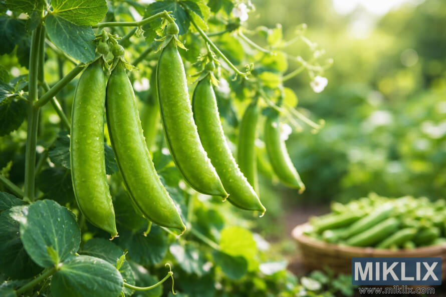 Sunlit sugar snap peas hanging from green vines in a garden, with dew on the pods and a basket of freshly picked peas softly blurred in the background. Sunlit sugar snap peas hanging from green vines in a garden, with dew on the pods and a basket of freshly picked peas softly blurred in the background.