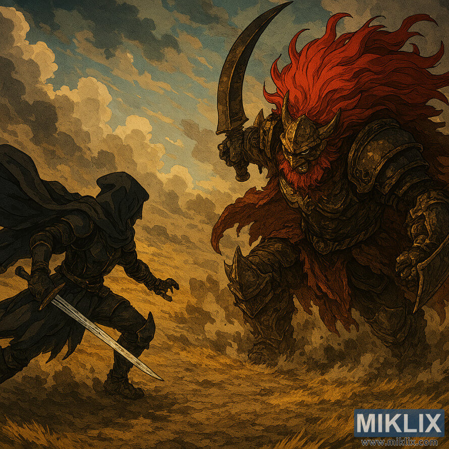 Anime-style fan art of the Tarnished fighting Starscourge Radahn in an isometric battlefield view