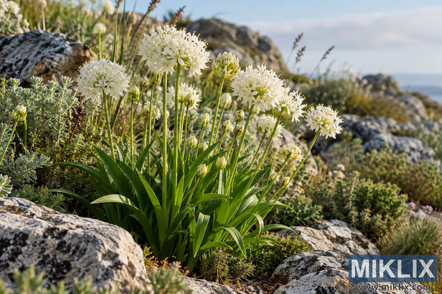 White globe-shaped flowers on green stems growing among weathered rocks, native groundcover, grasses, and silvery foliage in warm sunlight. White globe-shaped flowers on green stems growing among weathered rocks, native groundcover, grasses, and silvery foliage in warm sunlight.