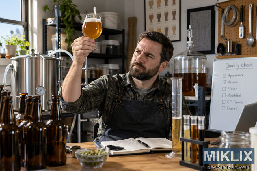 Homebrewer in a well-equipped brewing workshop holding a glass of amber beer toward the light to inspect its clarity and appearance, surrounded by fermentation equipment, test samples, brewing notes, hops, unlabeled bottles, and a quality-control checklist.