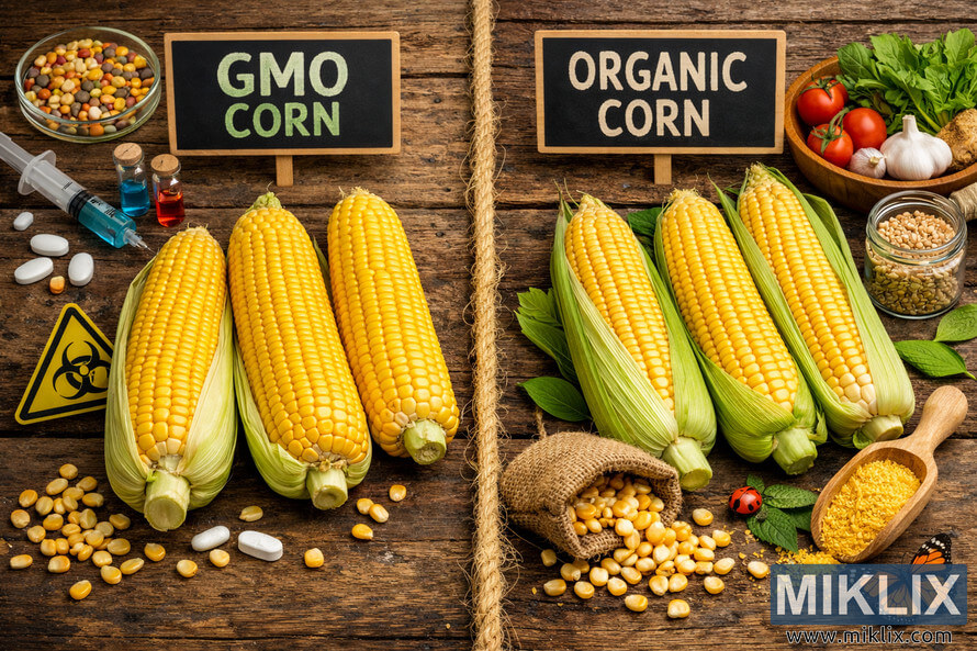 Landscape photo showing a side-by-side comparison of GMO corn and organic corn on a rustic wooden table, divided by a vertical jute rope. Landscape photo showing a side-by-side comparison of GMO corn and organic corn on a rustic wooden table, divided by a vertical jute rope.