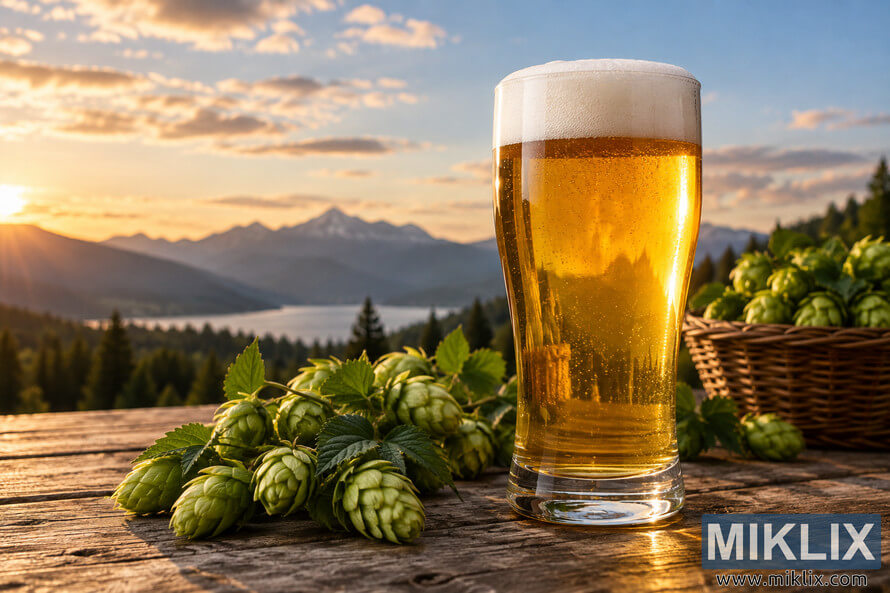 Clear golden beer with a dense white foam head on a rustic wooden table, surrounded by fresh green hop cones and a wicker hop basket, with a lake, forested mountains, and warm sunset in the background. Clear golden beer with a dense white foam head on a rustic wooden table, surrounded by fresh green hop cones and a wicker hop basket, with a lake, forested mountains, and warm sunset in the background.