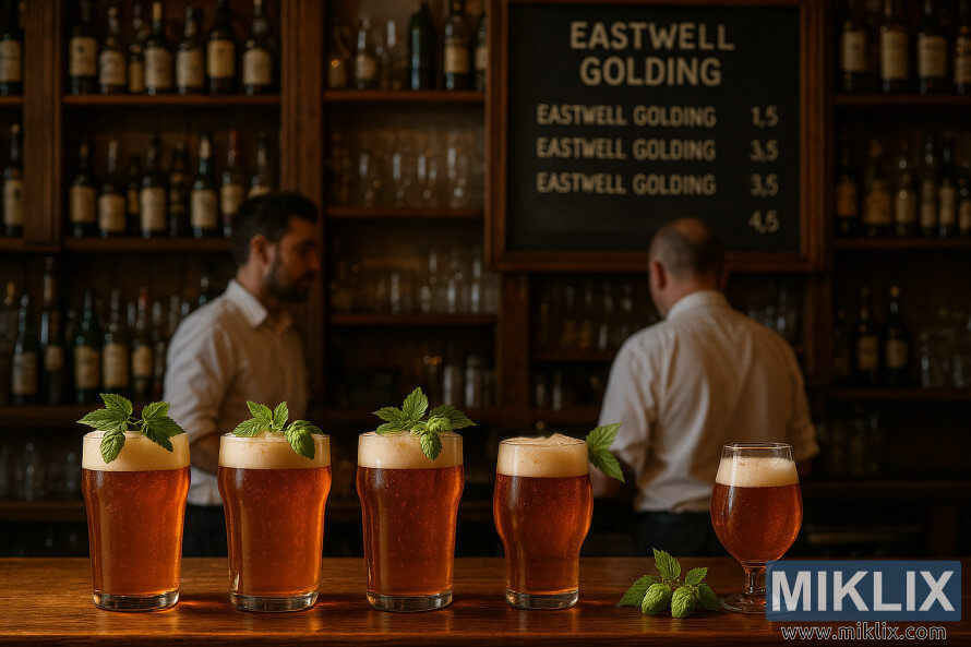 ÄaÅ¡e jantarnog piva ukraÅ¡ene hmeljem Eastwell Golding na drvenom pultu u pubu, s barmenima i jelovnikom na ploÄi u pozadini. ÄaÅ¡e jantarnog piva ukraÅ¡ene hmeljem Eastwell Golding na drvenom pultu u pubu, s barmenima i jelovnikom na ploÄi u pozadini.