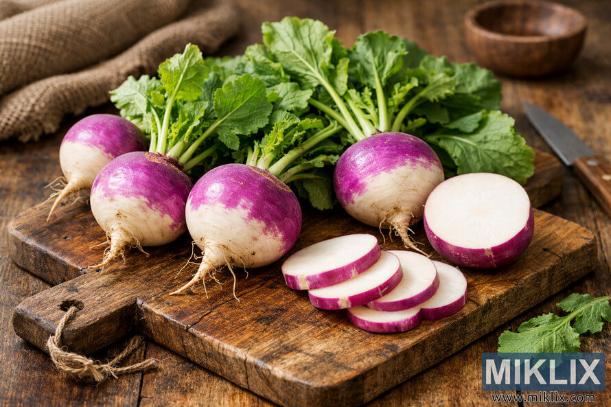 Fresh purple top turnips with green leaves displayed on a rustic wooden cutting board, surrounded by sliced pieces and a knife on a wooden table. Fresh purple top turnips with green leaves displayed on a rustic wooden cutting board, surrounded by sliced pieces and a knife on a wooden table.