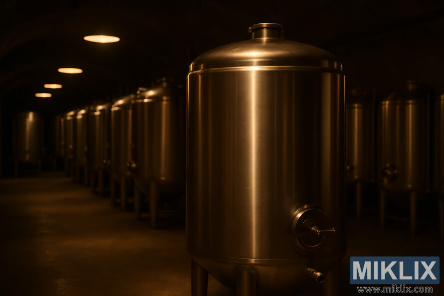 Cave de brasserie faiblement éclairée avec des cuves de fermentation en acier inoxydable poli disposées en rangées sous un éclairage industriel chaud. Cave de brasserie faiblement éclairée avec des cuves de fermentation en acier inoxydable poli disposées en rangées sous un éclairage industriel chaud.