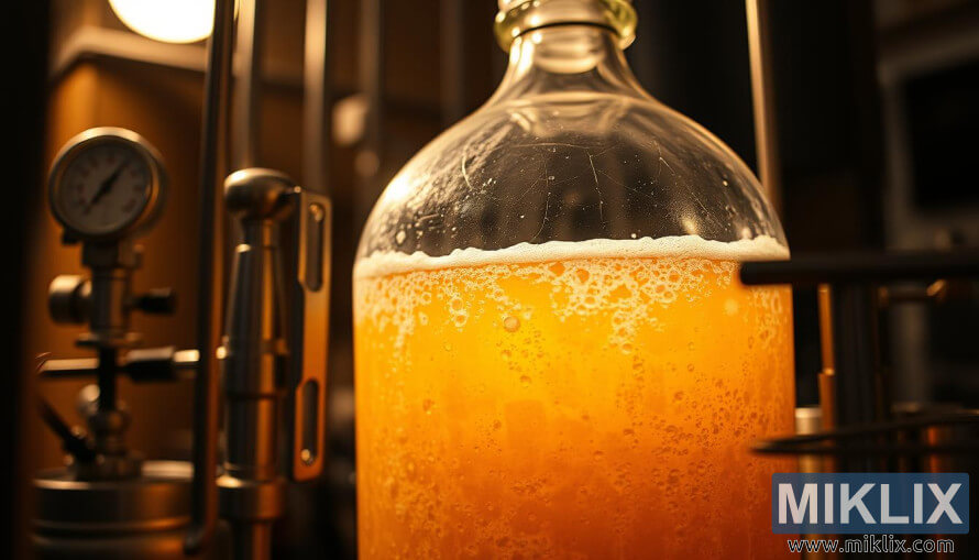 Krupni plan staklene demiÅ¾one s mjehuriÄavim zlatnim pivom i alatima za kuhanje oko nje.
