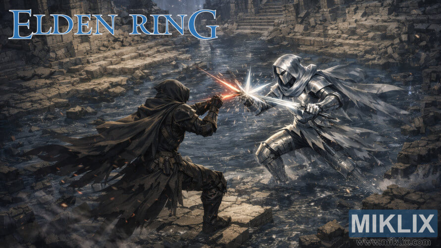 Fan art of Black Knife armor player battling Mimic Tear in Nokron Eternal City from Elden Ring Fan art of Black Knife armor player battling Mimic Tear in Nokron Eternal City from Elden Ring