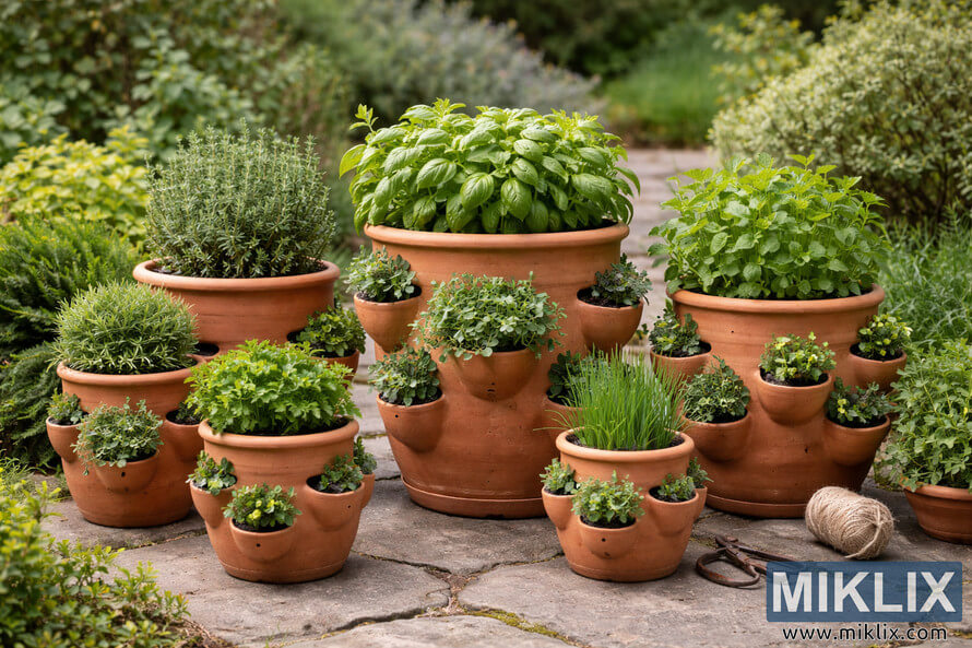 Assorted terracotta drainage pots filled with herbs arranged on a rustic stone patio in a garden.