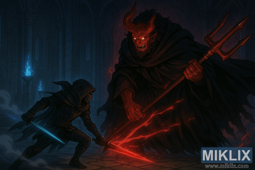 Anime-stil Elden Ring-kampscene der Tarnished konfronterer Mohg, Omen, inne i en mørk katedral, med Tarnished som svinger et sverd og Mohg som holder en stor trefork. Anime-stil Elden Ring-kampscene der Tarnished konfronterer Mohg, Omen, inne i en mørk katedral, med Tarnished som svinger et sverd og Mohg som holder en stor trefork.