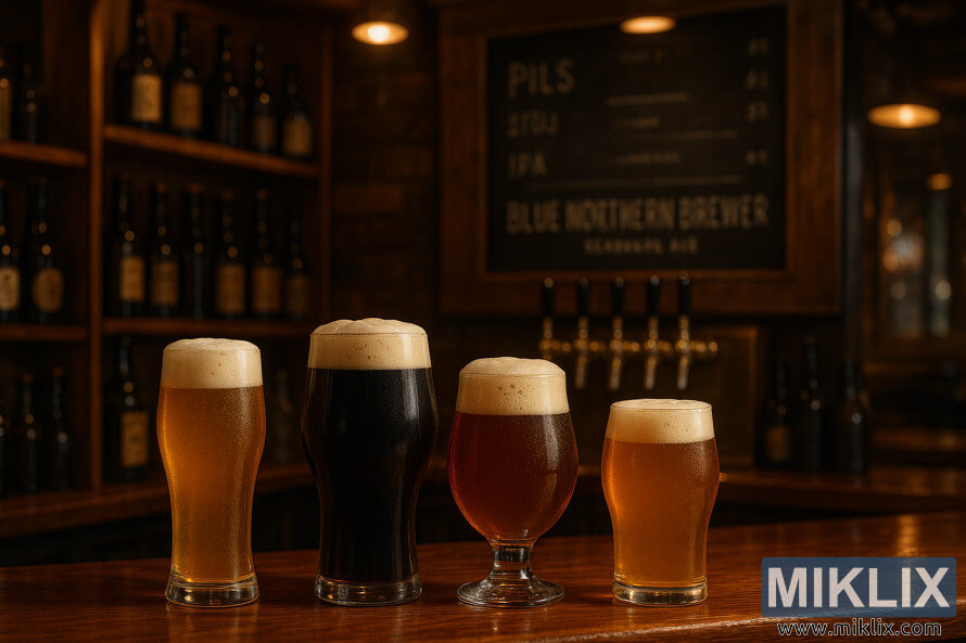 Beer glasses with pilsner, stout, IPA, and ale on a bar in a warm brewpub with taps, bottles, and a chalkboard menu.