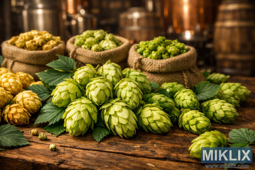 Close-up of fresh green hop cones on a rustic wooden table, with burlap sacks of different hop varieties behind them and a softly blurred brewery background lit in warm tones.