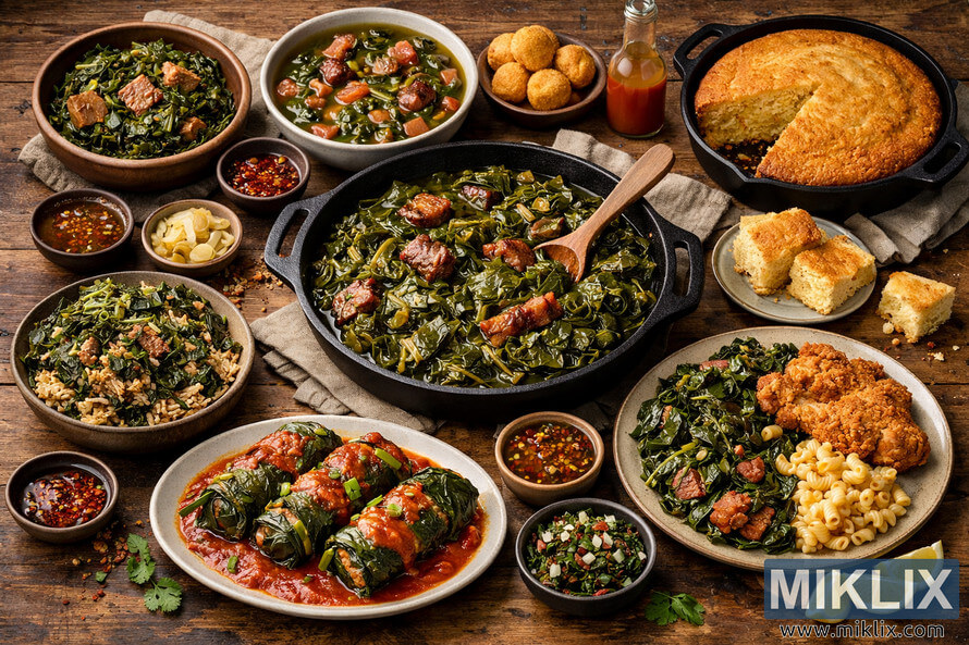 A rustic table filled with various collard greens dishes, including braised greens, stuffed rolls, cornbread, and fried chicken sides.