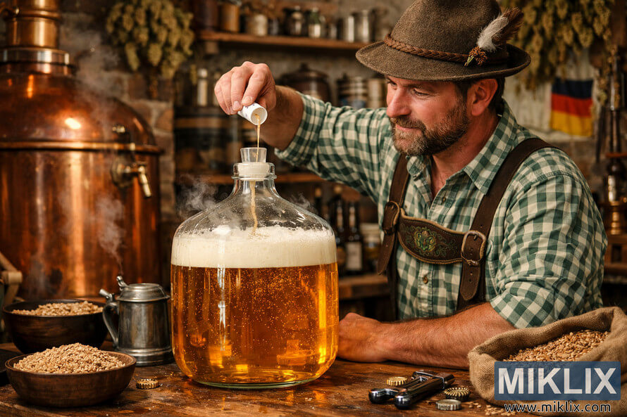 Traditional German homebrewer pouring liquid yeast into a glass fermenter filled with golden lager in a rustic brewing room.