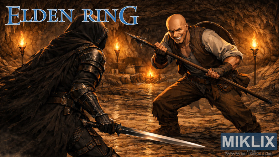 Fan art of a Black Knife armored player facing Patches with a spear in a torch-lit cave from Elden Ring.