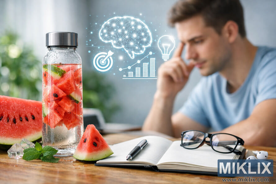 Landscape photo of a wooden desk with a glass bottle of watermelon-infused water, fresh watermelon slices, ice cubes, and mint on the left, and an open notebook with a pen, black-framed eyeglasses, and a white wireless earbud on the right. In the blurred background, a young man in a light blue shirt touches his temple while focusing on the notebook, with glowing digital icons of a brain, light bulb, target, and bar graphs hovering near his head, symbolizing mental performance and clarity through proper hydration. Landscape photo of a wooden desk with a glass bottle of watermelon-infused water, fresh watermelon slices, ice cubes, and mint on the left, and an open notebook with a pen, black-framed eyeglasses, and a white wireless earbud on the right. In the blurred background, a young man in a light blue shirt touches his temple while focusing on the notebook, with glowing digital icons of a brain, light bulb, target, and bar graphs hovering near his head, symbolizing mental performance and clarity through proper hydration.