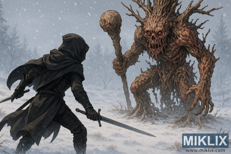 Jarumi mai rufaffen takubba mai rike da madafun iko yana fuskantar wani dodo mai rubewa kamar bishiya a cikin yanayin dusar ÆanÆara.