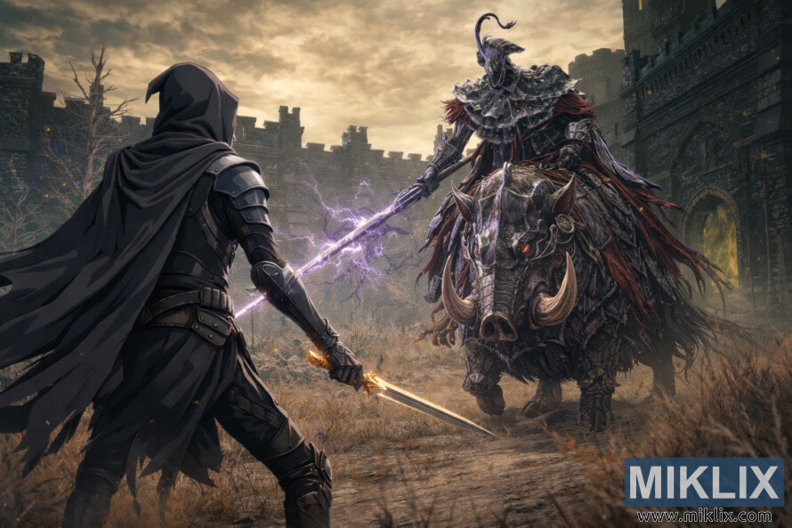 Anime-style fan art of the Tarnished in Black Knife armor facing Commander Gaius mounted on an armored boar in the ruins of Scaduview, moments before combat begins.