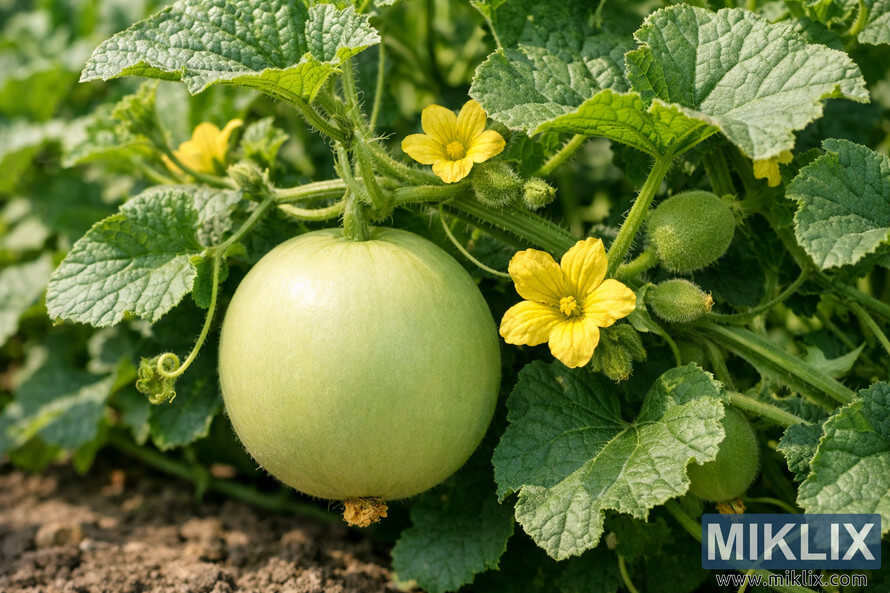 Close-up of a healthy honeydew melon plant with green leaves, yellow flowers, and a developing melon hanging from the vine in a sunlit garden. Close-up of a healthy honeydew melon plant with green leaves, yellow flowers, and a developing melon hanging from the vine in a sunlit garden.