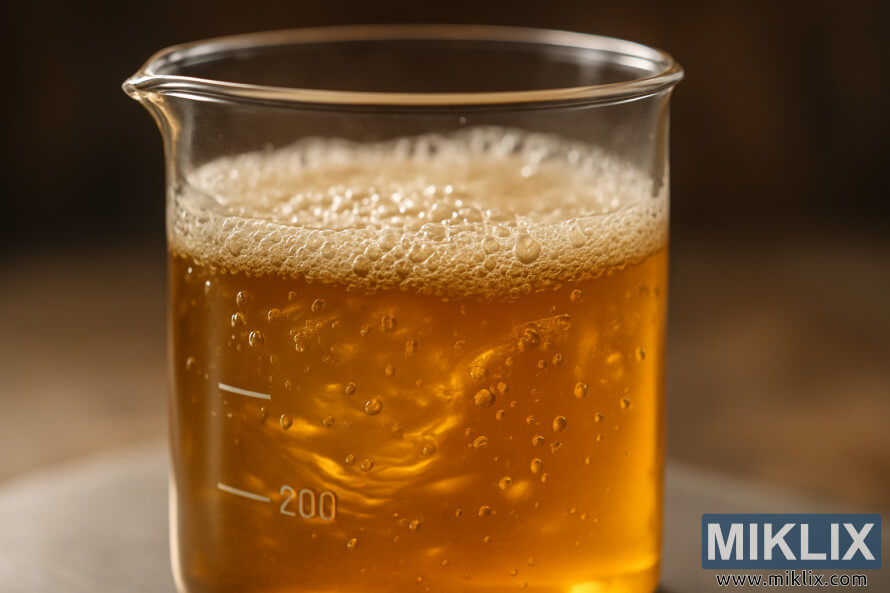 Tampilan dekat gelas kimia berisi cairan keemasan dan gelembung, menunjukkan fermentasi ragi SafLager S-23. Tampilan dekat gelas kimia berisi cairan keemasan dan gelembung, menunjukkan fermentasi ragi SafLager S-23.