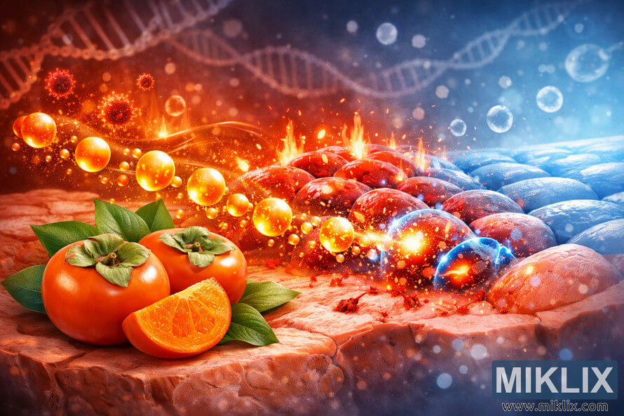 Scientific illustration showing ripe persimmons on the left releasing glowing antioxidant molecules that travel toward inflamed red tissue in the center and transform it into calm, blue, healed tissue on the right, with DNA strands and molecular symbols in the background.