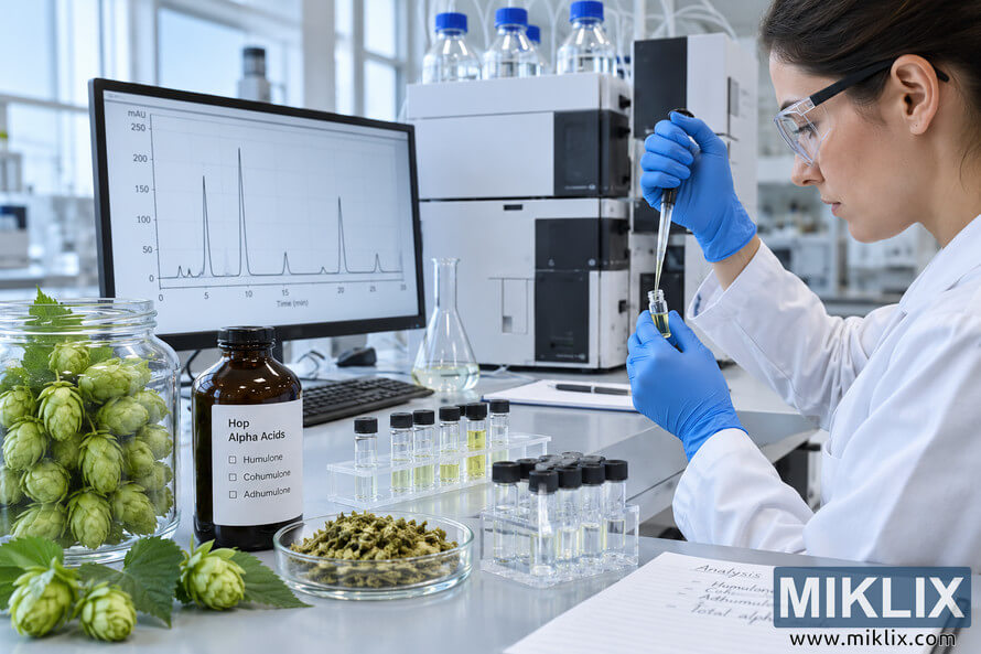 Scientist in a modern laboratory pipetting a hop extract into a sample vial beside fresh green hop cones, prepared samples, chromatography equipment, and a computer monitor displaying an analytical chromatogram for hop alpha-acid analysis. Scientist in a modern laboratory pipetting a hop extract into a sample vial beside fresh green hop cones, prepared samples, chromatography equipment, and a computer monitor displaying an analytical chromatogram for hop alpha-acid analysis.