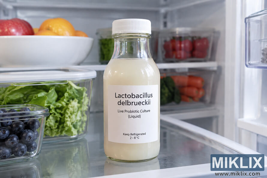 Bottle of liquid Lactobacillus delbrueckii probiotic culture stored upright in a refrigerator at a labeled temperature of 2â8 °C. Bottle of liquid Lactobacillus delbrueckii probiotic culture stored upright in a refrigerator at a labeled temperature of 2â8 °C.