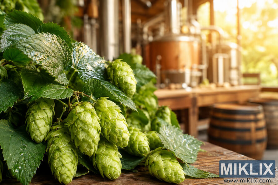 Close-up of vibrant green Azacca hops covered in morning dew, surrounded by lush leaves in the foreground of a warm rustic brewery with softly blurred brewing equipment, wooden barrels, and stainless steel tanks in the background.