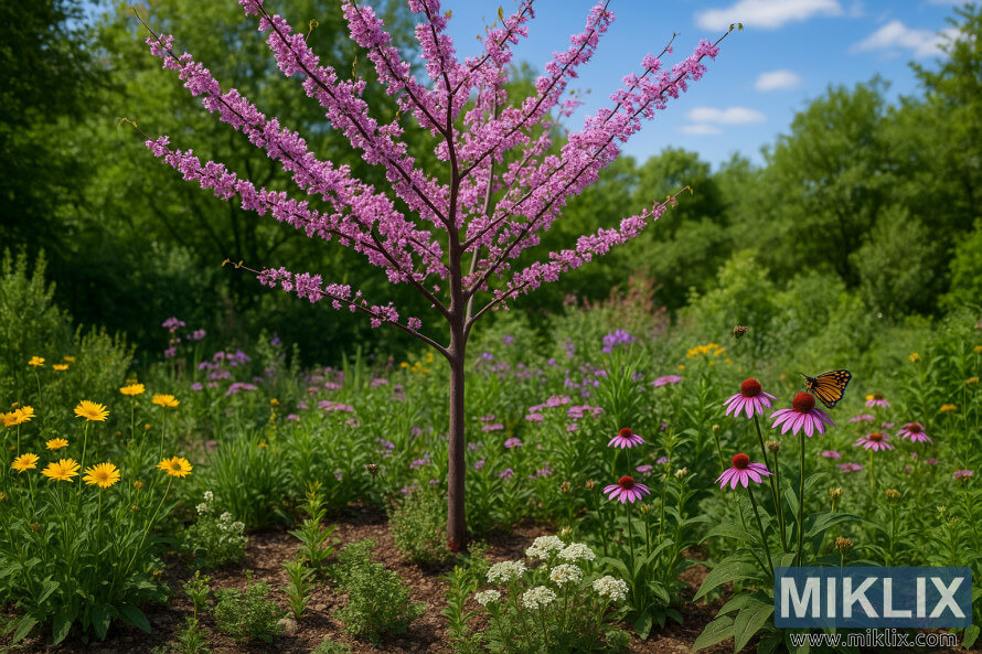 Un arbre Redbud de lâEst en fleurs, entourÃ© de fleurs sauvages indigÃ¨nes colorÃ©es et de pollinisateurs comme des abeilles et des papillons, dans un jardin luxuriant.